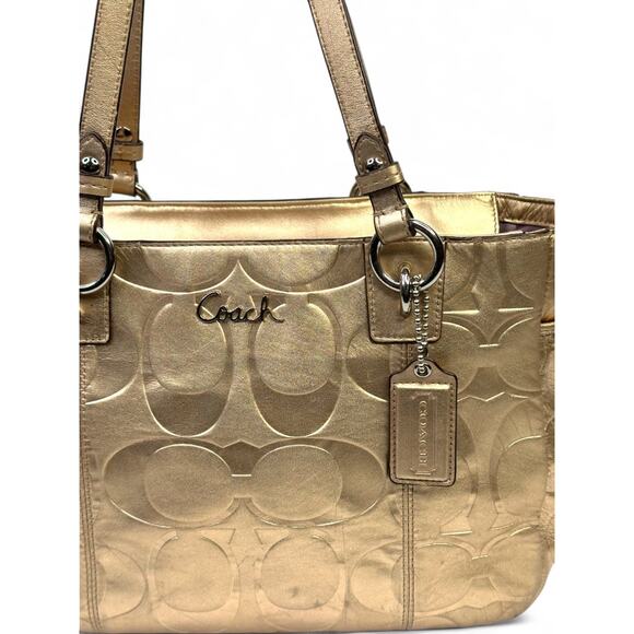 Coach Metallic Gold East West Embossed Signature Leather Tote Bag - Picture 2 of 15